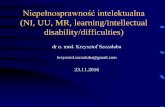 (NI, UU, MR, learning/intellectual disability/difficulties) · Niepełnosprawność intelektualna lekka – przyczyny (n=439, Bundey JMG 1989) ZD 5,7% FRAX 4,6% inne aberracje chromosomowe