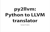 py2llvm: Python to LLVMpy2llvm Python シンタックスを LLVM に変換Python インタプリタでも動くし, コンパイルして高速に実行することもで きる Motivation